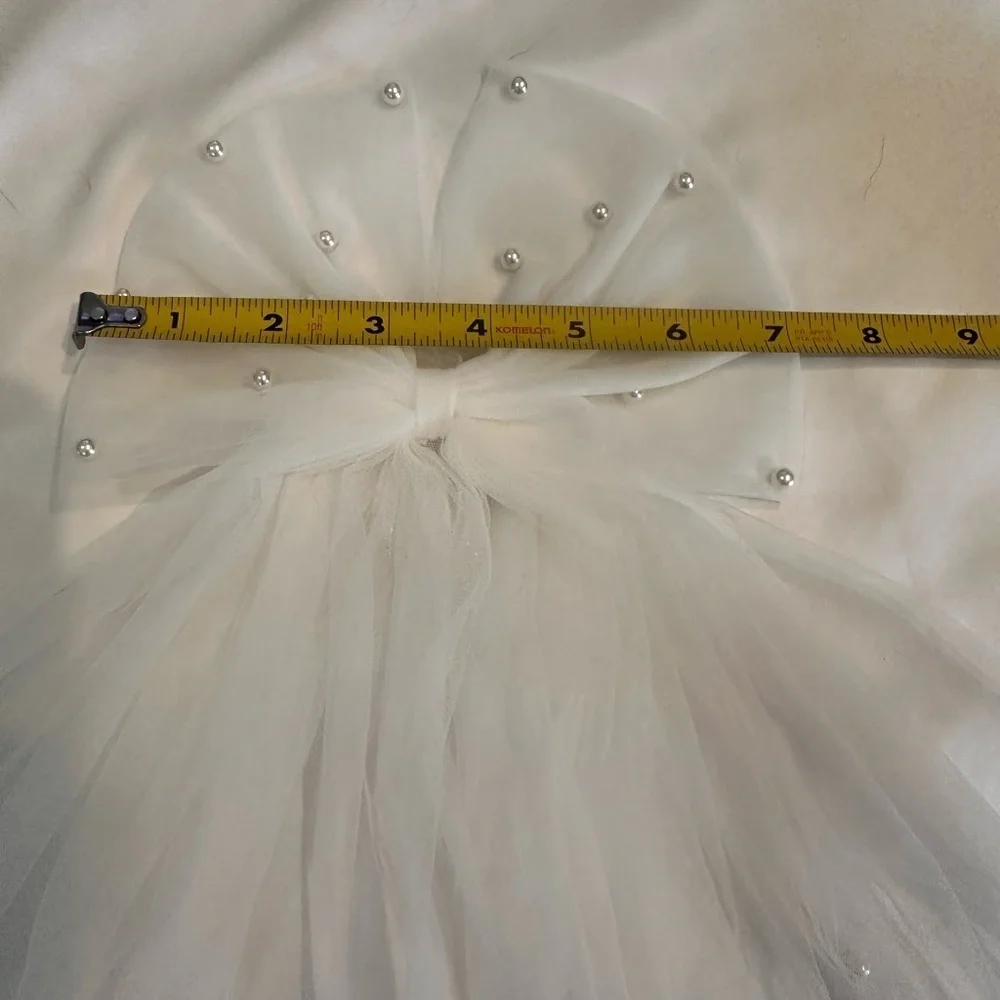Elegant White Hair Bow with Veil studded with Pearls white shorter length